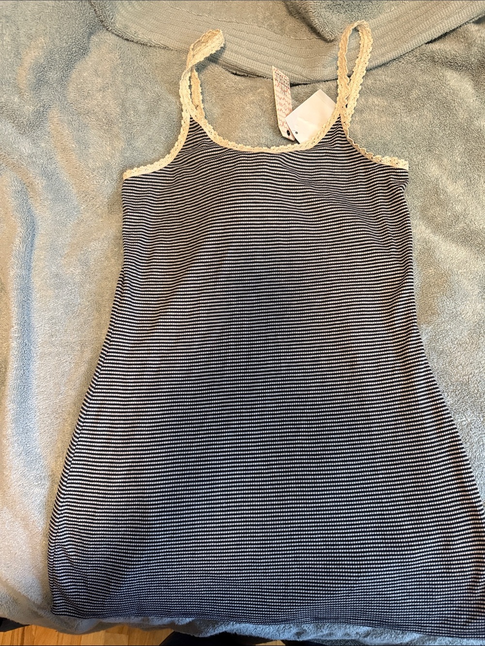 Kohl's Navy & White Striped Tank with Cream Lace Trim